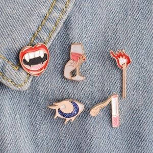 5 Piece Vampire Red Lips Wine Glass Enamel Pin Set